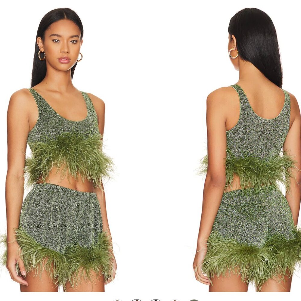 Oseree Green Feather Trim Crop Tank